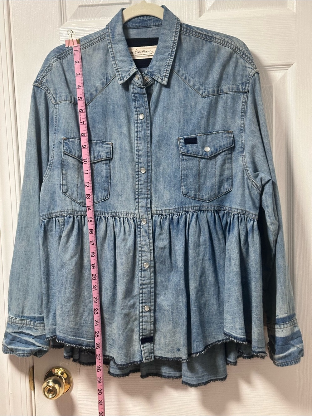 We The Free Light Wash Denim Peplum Button-Down Shirt